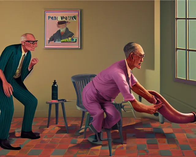 Image similar to the famous snake oil salesman Uncle Aloysius curing a patient of the pink wojacity, painting by Grant Wood, 3D rendering by Beeple, sketch by R. Crumb