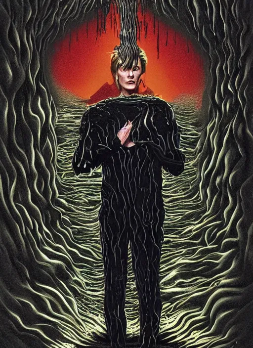 Image similar to twin peaks poster art, david bowie finds the black dragon made of ferrofluid, viscous, sticky, full of black goo, splattered black goo, dripping black goo, splattered goo, by michael whelan, rossetti bouguereau, artgerm, retro, nostalgic, old fashioned