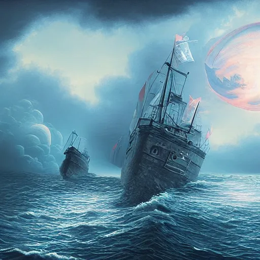 Prompt: ships at sea, fantasy, hyper realistic, dramatic lighting