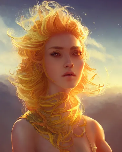 Image similar to a beautiful sun goddess, flowy yellow golden hair, sun, summer, cinematic lighting, highly detailed, digital painting, trending on artstation, pixiv, concept art, sharp focus, illustration, art by ross tran and wlop