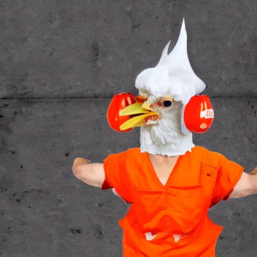 Prompt: chicken dressed as an inmate, real photo