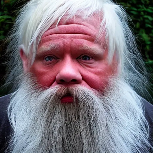 Prompt: albino dwarf, white hair, red eyes, long beard