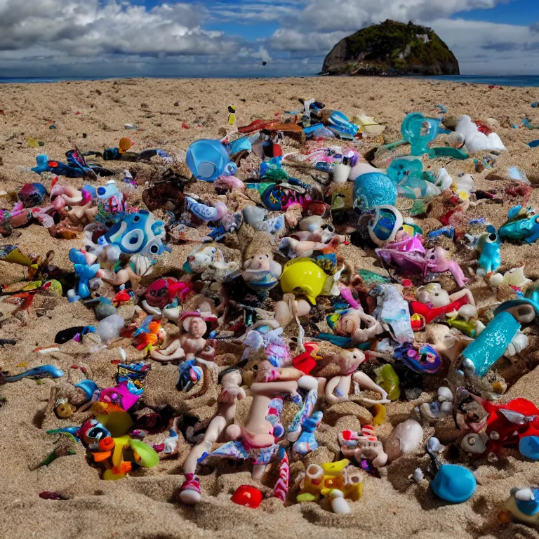 Image similar to surreal hyperrealistic photograph of a beach, toy dolls and parts of toy dolls strewn about, shot toward the ocean, wide shot, long shot