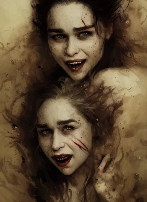 Image similar to smiling young emilia clarke vampire, mouth open, staring seductively, detailed by gaston bussiere, bayard wu, greg rutkowski, giger, maxim verehin, greg rutkowski, masterpiece, sharp focus, cinematic lightning