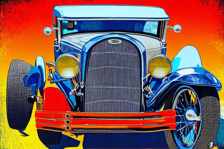 Prompt: a whimsical storybook illustration of a 1 9 3 0 model a ford hot rod in bright, vibrant color : lowbrow pop art style, 8 k resolution, realistic