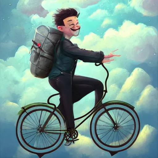 Image similar to A whimsical painting of a happy man flying in the sky on his bicycle in the clouds, digital art by Ross Tran