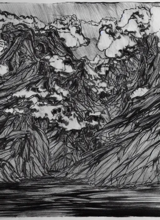 Prompt: black and white drawing of a landscape, an ink drawing by toriyama sekien, artstation contest winner, fantasy art, concept art, ink drawing, pencil sketch