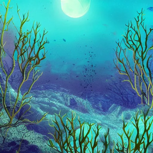 Image similar to Photograph of an underwater alien base, photorealistic, colorful, seaweed, moonlight, dark, smog,