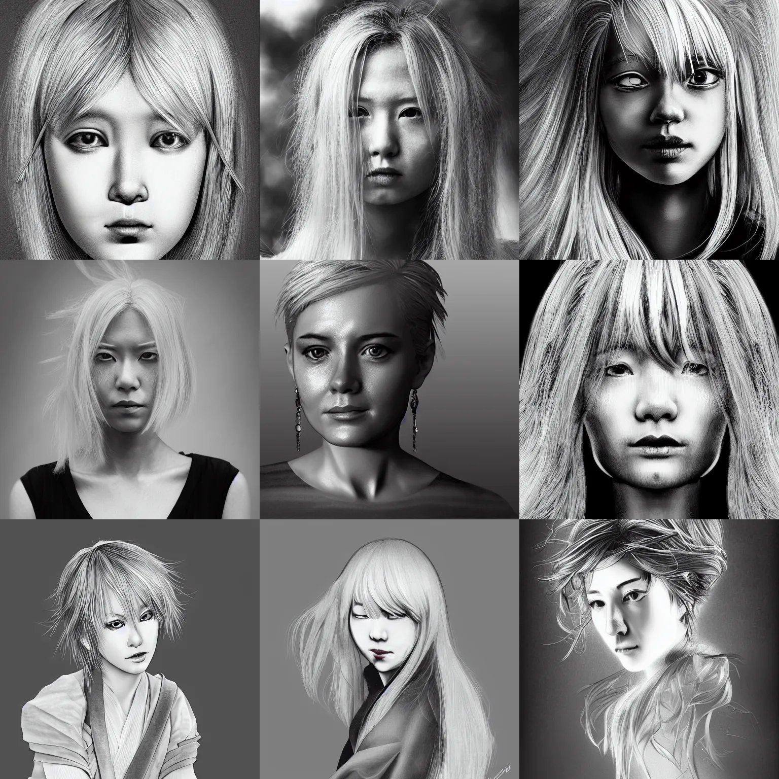 Prompt: silver hair girl, multicam, cinematic portrait, ilustration by Takehiko Inoue, hight contrast, black and white