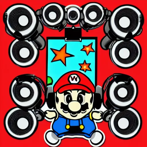 Image similar to svg sticker of a Pop-Wonder SuperMario, Mario-Wearing-a-red-hat, at a rave, spinning records, giant headphones rocking out, wearing headphones, huge speakers, dancing, rave, DJ, spinning records, digital art, amazing composition, rule-of-thirds, award-winning, trending on artstation, featured on deviantart