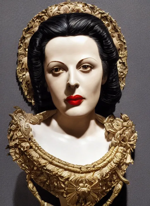 Prompt: high intricate bust of an hedy lamarr 1 9 4 0 carved from wood in baroque style, studio light, maria panfilova, andrea savchenko, mike kime, ludovic plouffe, qi sheng luo, oliver cook, trending on artstation