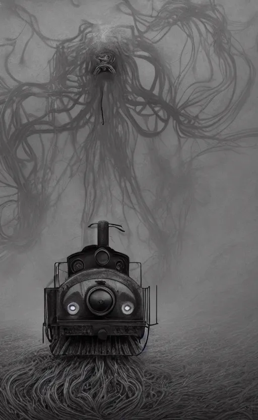 Image similar to thomas the tank engine in style of zdzisław beksinski, extremely dramatic lighting, 8 k, tendrils, black, darkness, black slime tendrils, infected, rust, body horror, thomas the train, thomas the tank engine face, horror,