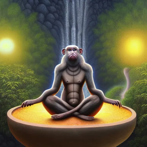 Prompt: an anthromorphic monkey meditating in a zen garden with a waterfall under the blood moon, by Adi granov and afarin sajedi and amanda sage and evgeni gordiets and Agostino Arrivabene and adonna khare in a psychedelic portrait style, ultrarealistic matte painting, volumetric lighting, fractal, extremely symmetrical, highly detailed face, orisha, 8k, hd