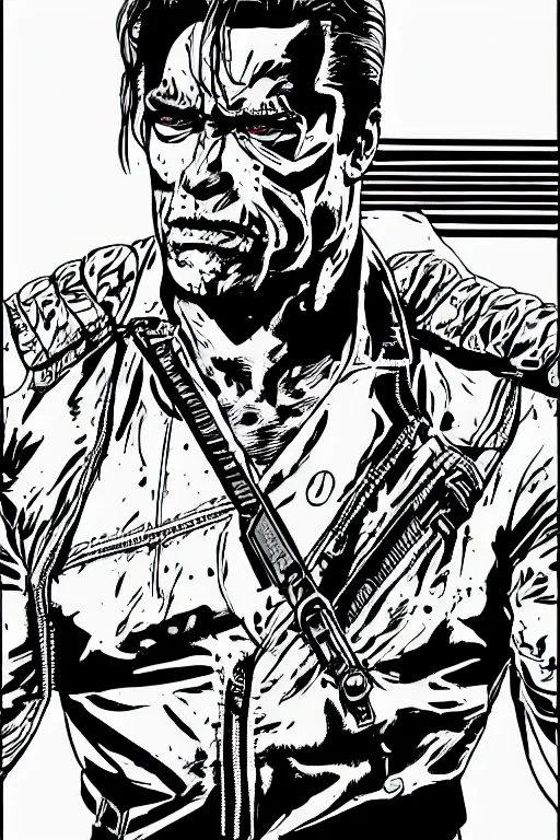 Image similar to arnold schwarzenegger as the terminator, a page from cyberpunk 2 0 2 0, style of paolo parente, style of mike jackson, adam smasher, johnny silverhand, 1 9 9 0 s comic book style, white background, ink drawing, black and white, colouring pages