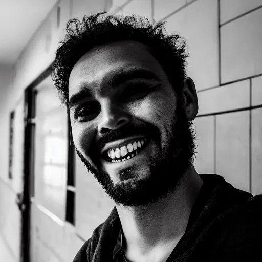 Image similar to high contrast photo of a man's face grinning black and white monochromatic