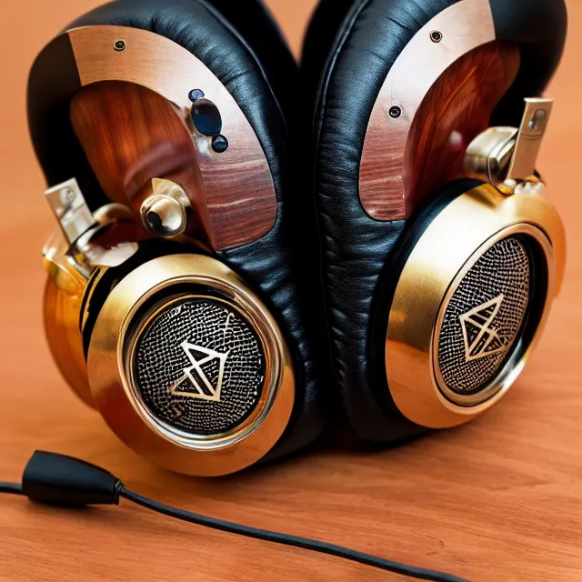 Image similar to masterpiece photo of beautiful hand crafted artistic exquisite metal headphones, bismuth rainbow metal, bismuth cups, plush leather pads, displayed on mahogany desk, modernist headphones, bismuth beautiful well designed, hyperrealistic, audiophile, intricate hyper detail, extreme high quality, photographic, audeze, sennheiser, bang olufsen, abyssal