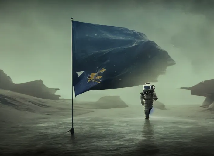 Image similar to astronaut holding a flag in an underwater desert. a submarine is visible in the distance. dark, concept art, cinematic, dramatic, atmospheric, 8 k, trending on artstation, blue, fish, low visibility, fog, ocean floor, christopher nolan, interstellar