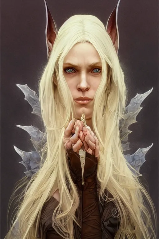 Image similar to portrait of an old blonde elven mage, dark, piercing eyes, gentle expression, elegant clothing, photorealistic, highly detailed, artstation, smooth, sharp focus, art by michael whelan, artgerm, greg rutkowski and alphonse mucha