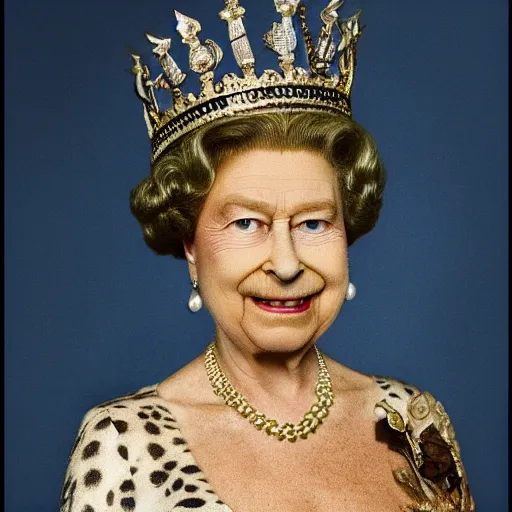 Image similar to the queen of england as reptile, reptilian eyes