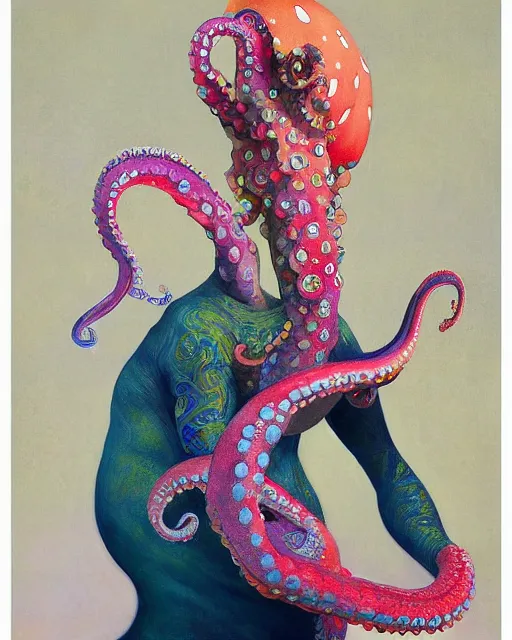 Prompt: a beautiful girl wearing a colourful octopus as a dress, painted by edgar maxence, edward hopper, wayne barlowe and james gilleard, airbrush, art by jamesjean