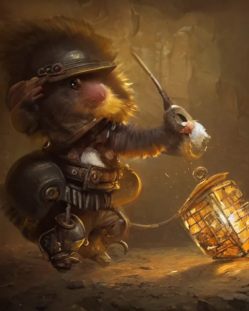 Prompt: oil painting of anthropomorphized hamster hitting floor with pickaxe, steampunk clothes, close shot, full body, dark steampunk mine shaft background, sharp focus, fantasy style, octane render, volumetric lighting, 8k high definition, by greg rutkowski, highly detailed, trending on art Station, dungeons and dragons artwork, centered