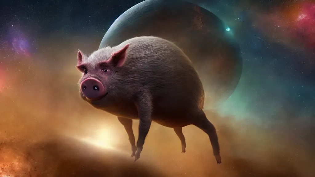 Image similar to spider pig hybrid on a planet. close bottom view. whole body. nebula background. cinematic composition. cinematic lightning. ultra realistic. 8 k. highly detailled. deep space. ultra realistic details. cinematic atmosphere. studio lighting. shadows. dark background.