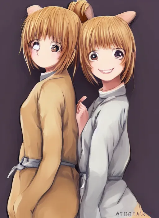 Prompt: highly detailed art of one blonde and one brown haired anime girl in onesies pressed against each other looking at us, detailed eyes, happy, excited, digital art, cute, anime, detailed faces, well drawn faces, cute faces, 8 k, trending on artstation, official media