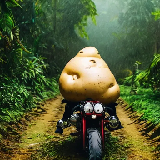 Image similar to a giant potato riding a motorcycle through the jungle, low angle with rain and lightning