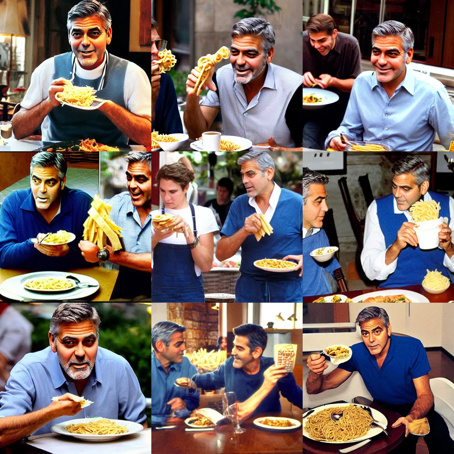 Prompt: george clooney eating pasta with megaman
