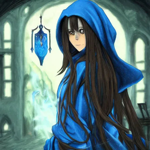 Image similar to A female wizard with long brown hair wearing a blue hood and blue robe exploring a dark and sinister medieval village, fantasy setting, seinen anime art, professional digital painting, extremely detailed, ranked number 1 on pixiv