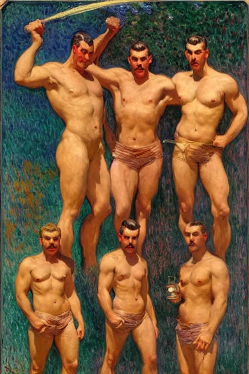 Image similar to attractive male firefighters of boston, painting by tom of finland, gaston bussiere, craig mullins, j. c. leyendecker, claude monet