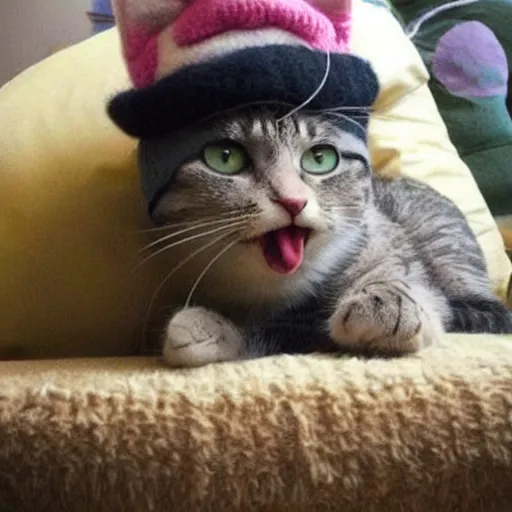 Prompt: cute cat photo licking tongue sticking out, wearing wool hat cat ears