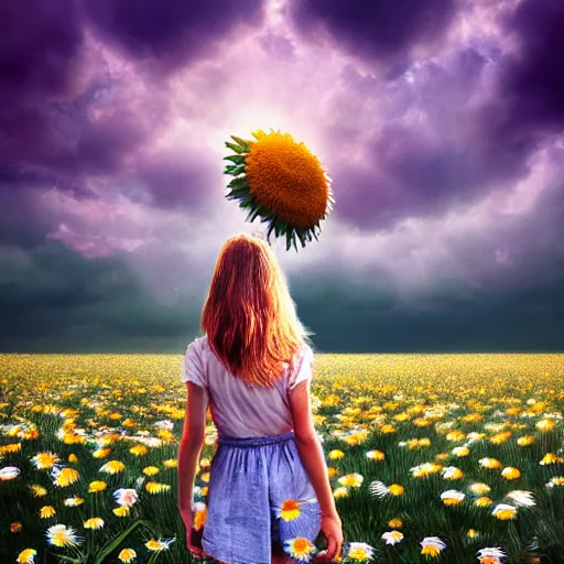 Image similar to head made of giant daisies, girl standing barefoot in a vast flower field, holding chest, surreal photography, sunrise dramatic light, impressionist painting, colorful clouds, large sky, digital painting, artstation, simon stalenhag, flower face