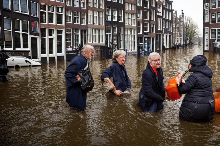 Image similar to Dutch people trying to fight back the flood in Amsterdam, photograph, natural light, sharp, detailed face, magazine, press, photo, Steve McCurry, David Lazar, Canon, Nikon, focus