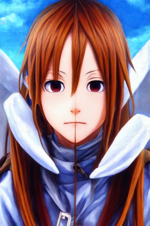 Prompt: beautiful oil painting of Asuna Yuuki from SAO, chestnut hair, symmetrical face, by Titian and Alexander Roslin