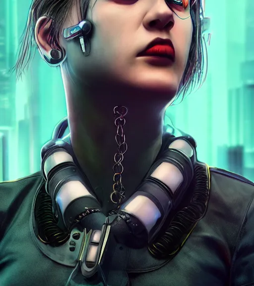 Image similar to detailed realistic female character cyberpunk wearing thick technological collar around neck, realistic, art, beautiful, 4K, collar, choker, collar around neck, punk, artstation, detailed, female, woman, choker, cyberpunk, neon, punk, collar, choker, collar around neck, thick collar, tight around neck, punk,