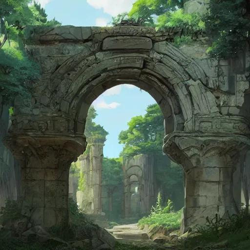 Image similar to concept art painting of an ornate ancient stone archway, in the woods, realistic, detailed, cel shaded, in the style of makoto shinkai and greg rutkowski and james gurney