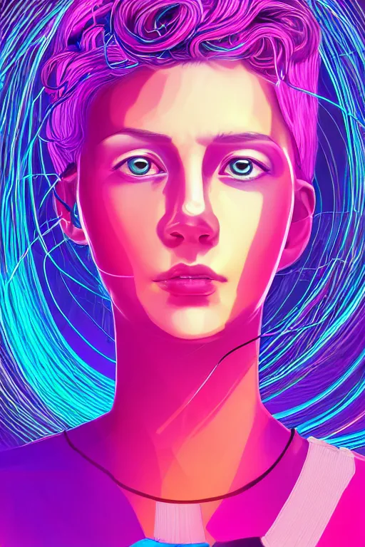 Image similar to a award winning half body portrait of a beautiful woman with stunning eyes in a croptop and cargo pants with ombre purple pink teal hairstyle and hands in pockets by thomas danthony, surrounded by whirling illuminated lines, outrun, vaporware, shaded flat illustration, digital art, trending on artstation, highly detailed, fine detail, intricate