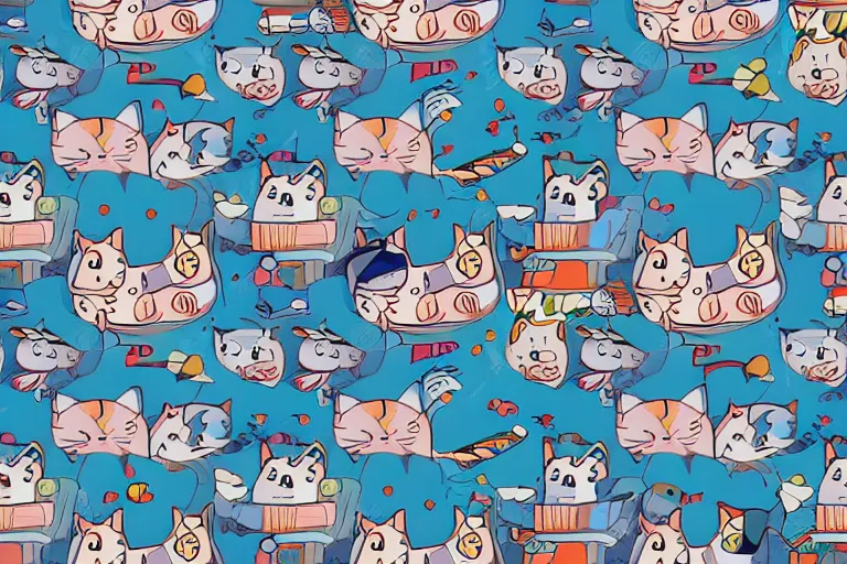 Image similar to beautiful art illustration of a group of happy cats by studio ghibli, thick lineart, highly detailed, seamless pattern, tiling, anime style