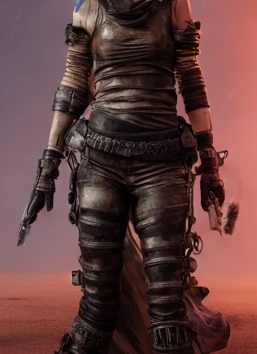 Image similar to full body portrait of female mad max in full intricate clothing, beautiful face, ultra detailed, octane render, 4K, dystopian, micro details