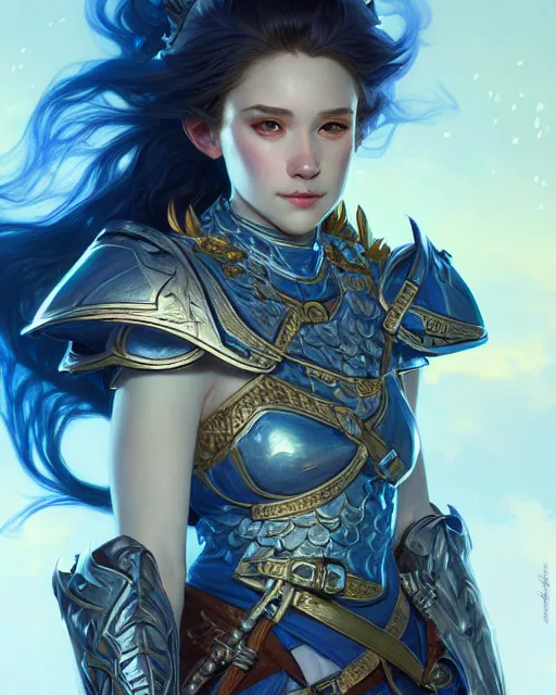 Image similar to Portrait of a Fantasy azure knight, moonlit, HD, illustration, epic, D&D, fantasy, intricate, elegant, highly detailed, digital painting, artstation, concept art, smooth, sharp focus, illustration, art by artgerm and greg rutkowski and alphonse mucha, monster hunter illustrations art book