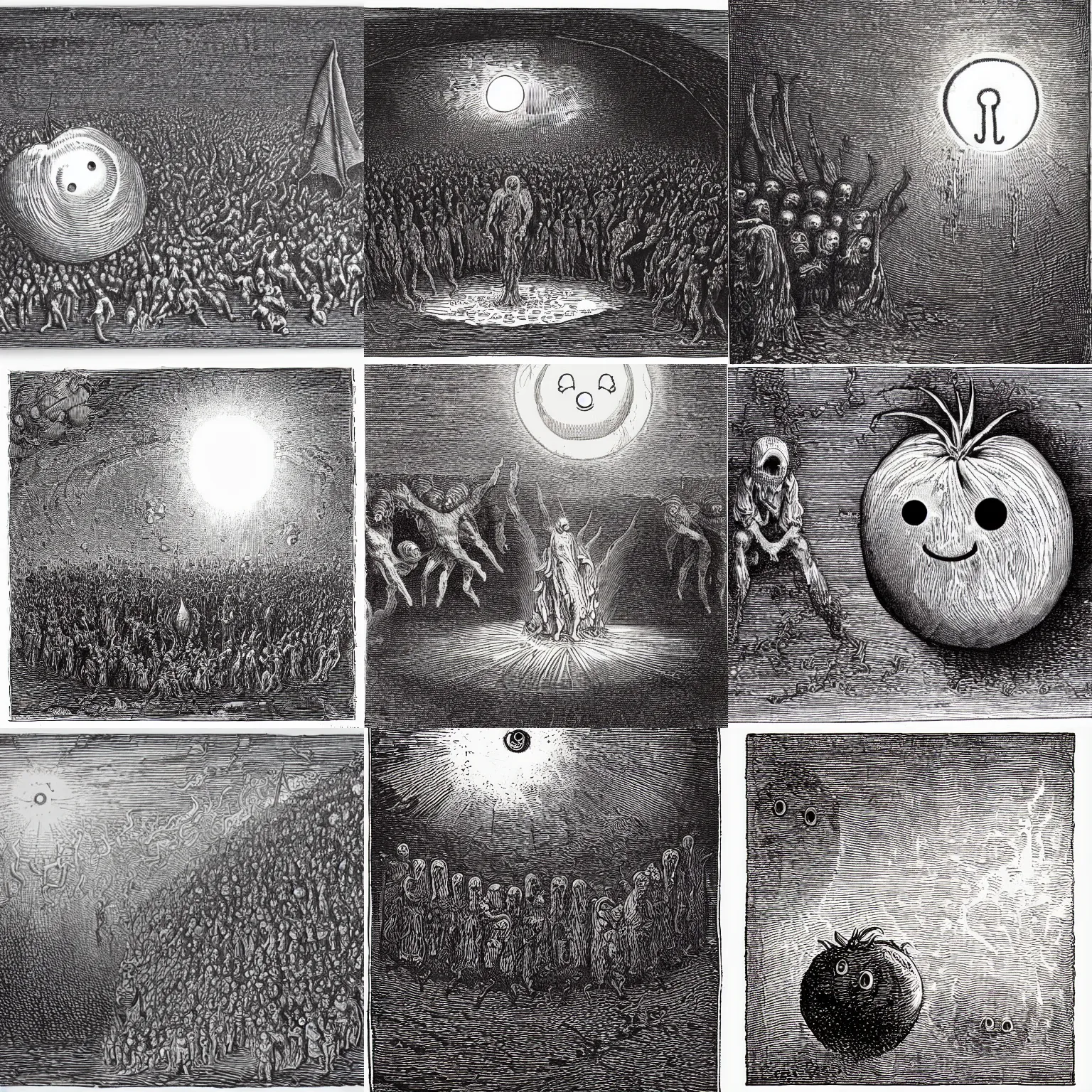 Prompt: A tomato with googly eyes in hell. Gustave Dore, Dante, Woodcut, Black and White.