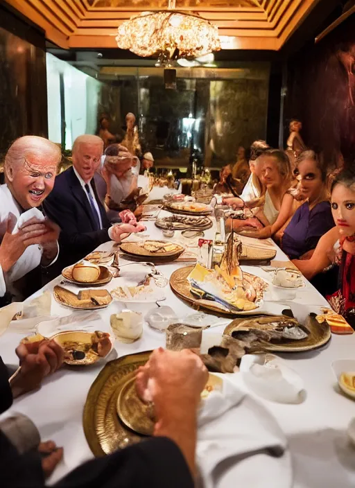 Image similar to Trump and Biden having dinner at a fancy Balinese restaurant, award winning photography, sigma 85mm Lens F/1.4, perfect faces