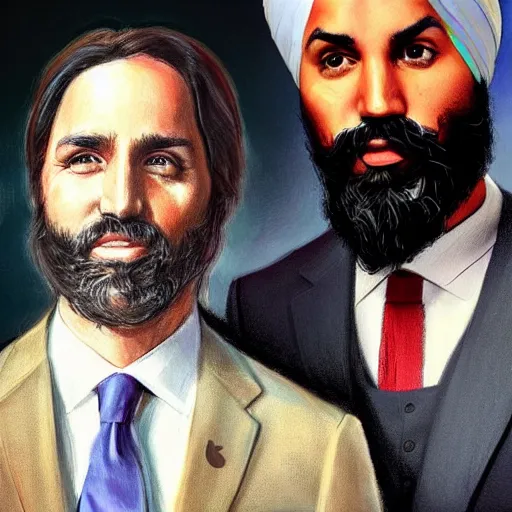 Image similar to Justin Trudeau next to Jagmeet Singh, pictured in the american gothic painting, concept art, sharp focus, highly detailed digital painting by Grant Wood, artstation