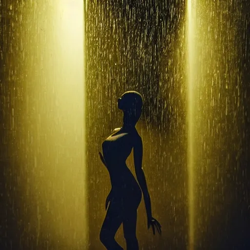 Image similar to portrait of mannequin dancing in the rain, cinematic light and reflections, beautiful dreamy lighting,