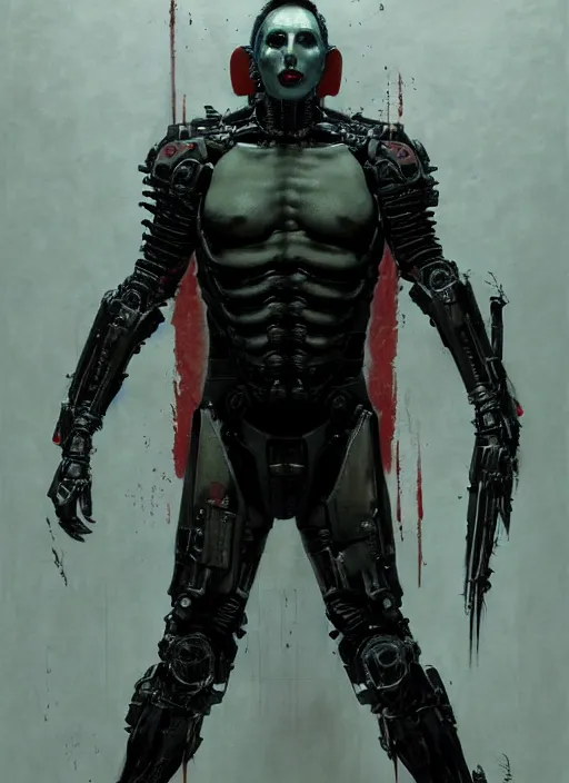 Image similar to marilyn manson as victor stone, full body concept, cyborg, borg, strogg, face of a man, terminator, flesh, quake strogg, doom demon, wolfenstein, monstrous, powerful, symmetry, symmetrical, concept art by ruan jia and greg rutkowski