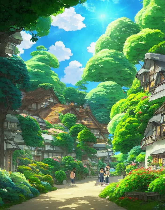 Image similar to studio ghibli, flowery cottage, in a flying city, solar, green technology, optimist future by asher durand.