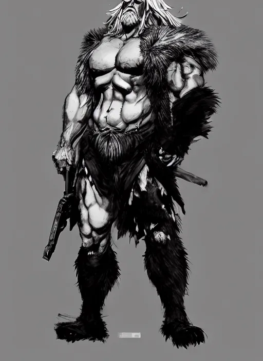 Prompt: Full body portrait of an old muscular man with white hair and black beard wearing bear skin. In style of Yoji Shinkawa and Hyung-tae Kim, trending on ArtStation, dark fantasy, great composition, concept art, highly detailed.