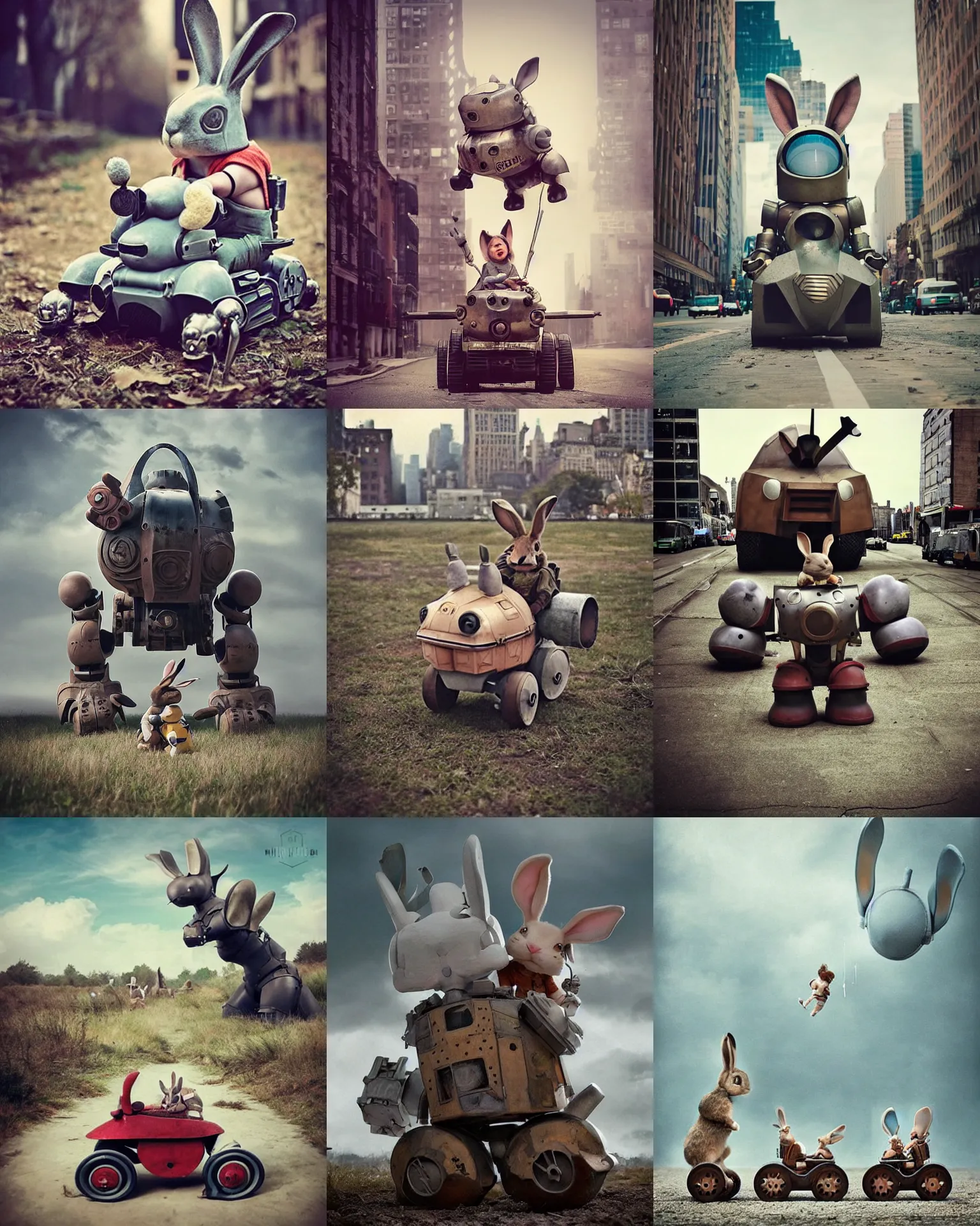 Prompt: epic battle pose chase !!!giant oversized medieval battle rabbit robot chubby mech baby train with big oversized ears!! and rabbit , in new york , full body , Cinematic focus, Polaroid photo, vintage , neutral dull colors, soft lights, foggy , by oleg oprisco , by victor enrich , by gregory crewdson