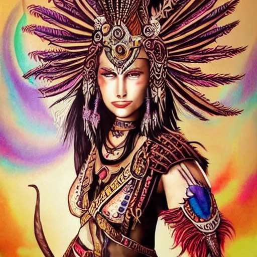 Image similar to character design, aztec warrior goddess with beautiful woman face, crown of very long feathers, full body, glowing aztec tattoos, beautiful, dark fantasy,